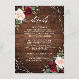 Rustikale Holzgeometrie Burgund Blumendetails Begleitkarte