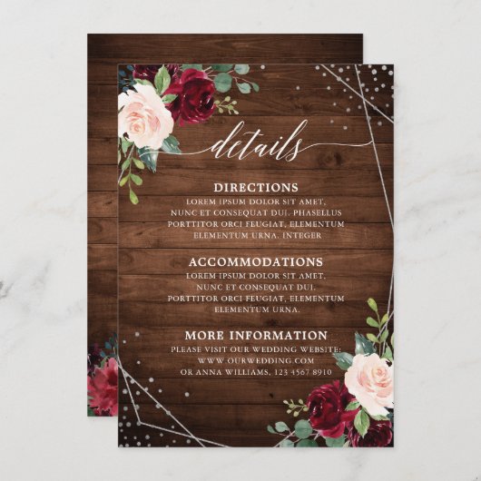 Rustikale Holzgeometrie Burgund Blumendetails Begleitkarte (Vorne/Hinten)