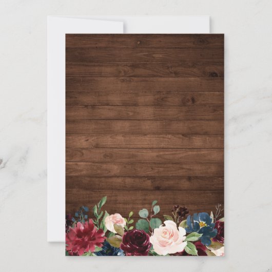 Rustikale Holzgeometrie Burgund Blumenhochzeit Einladung (Rückseite)