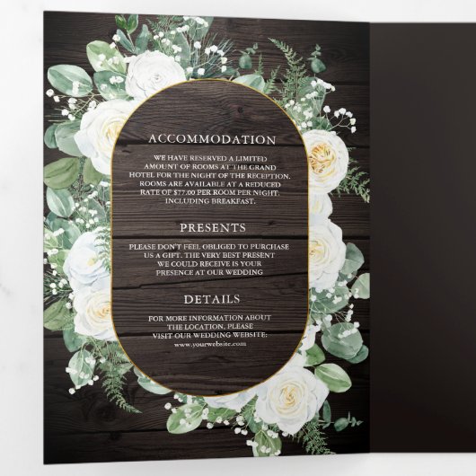 Rustikale Holzgrün Elfenbeinflora QR-Code Hochzeit Dreifach Gefaltete Einladung (Innen Erste Seite)