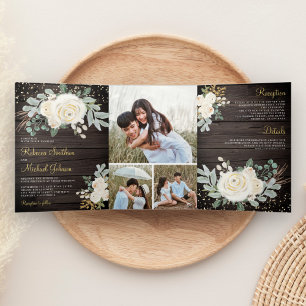 Rustikale Holzgrün Gold Elfenbein Florale Hochzeit Dreifach Gefaltete Einladung