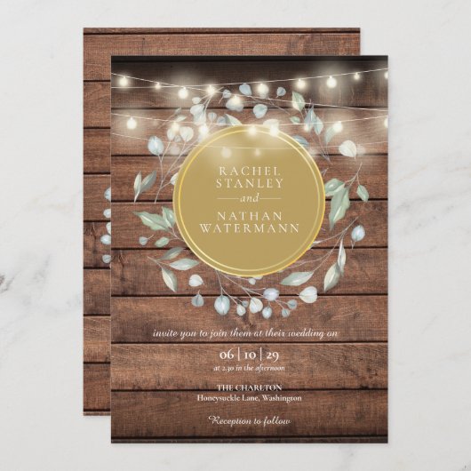 Rustikale Holzgrün-Lichter Hochzeit Einladung (Vorne/Hinten)