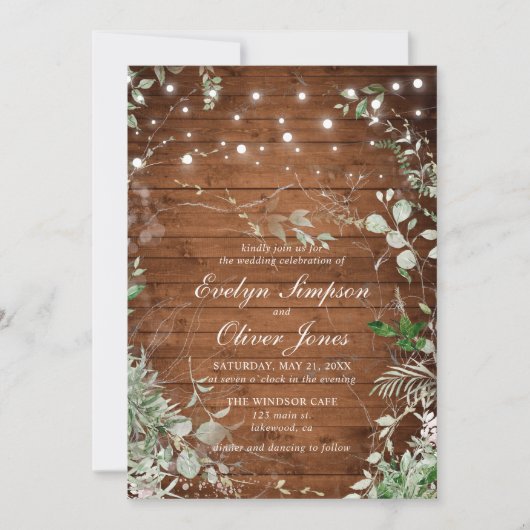 Rustikale Holzgrün-Skripte Hochzeit Einladung (Vorderseite)