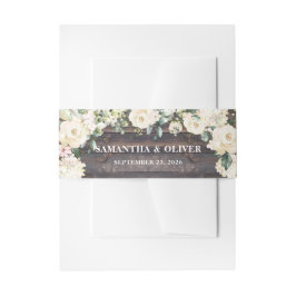 Rustikale Holzgrün, weiße Rosen Blumenhochzeit Einladungsbanderole