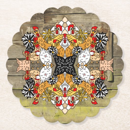 Rustikale Holzhandgezogene Cartoon Hühnerparadies Untersetzer (Vorderseite)