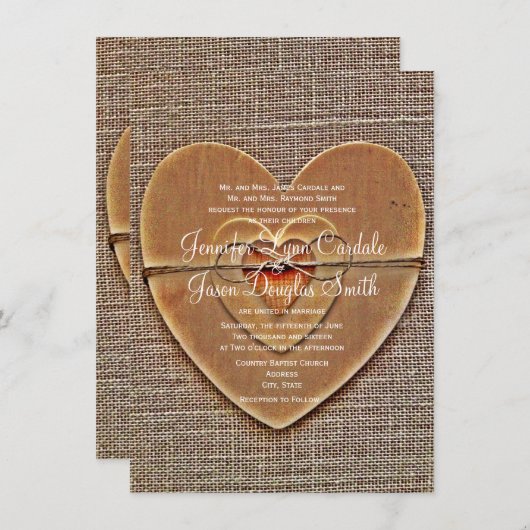 Rustikale Holzherz Burlap Country Hochzeit lädt ei Einladung (Vorne/Hinten)