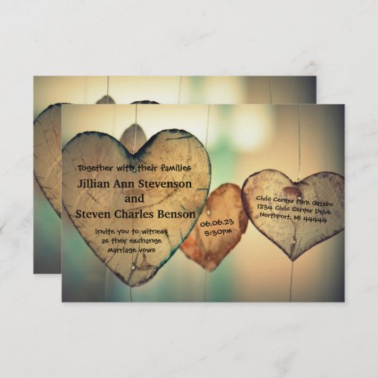 Rustikale Holzherzen - Einladung zur Hochzeit 3x5 (Vorne/Hinten)