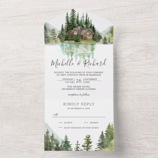 Rustikale Holzhütte Bergwald See Hochzeit All In One Einladung (Innen Boden)