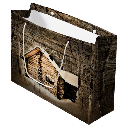 Rustikale Holzhütte im Grünen Große Geschenktüte (Vorderseite Schrägansicht)
