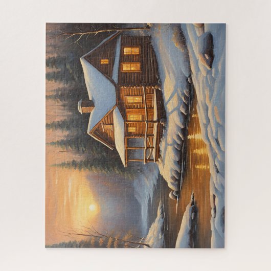 Rustikale Holzhütte im Winterwald Puzzle (Vertikal)