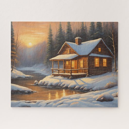 Rustikale Holzhütte im Winterwald Puzzle (Horizontal)