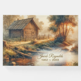 Rustikale Holzhütte in goldener Morgennebel Gästebuch