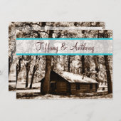 Rustikale Holzhütte in Wäldern Aquamarine Hochzeit Einladung (Vorne/Hinten)