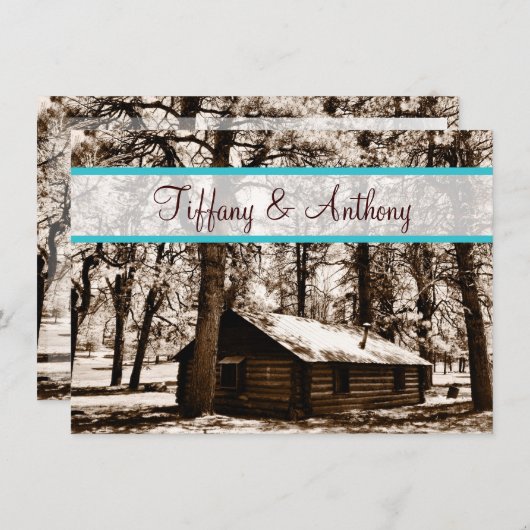 Rustikale Holzhütte in Wäldern Aquamarine Hochzeit Einladung (Vorne/Hinten)