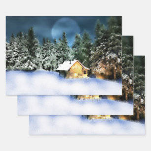 Rustikale Holzkabine Vollmond Geschenkpapier Set