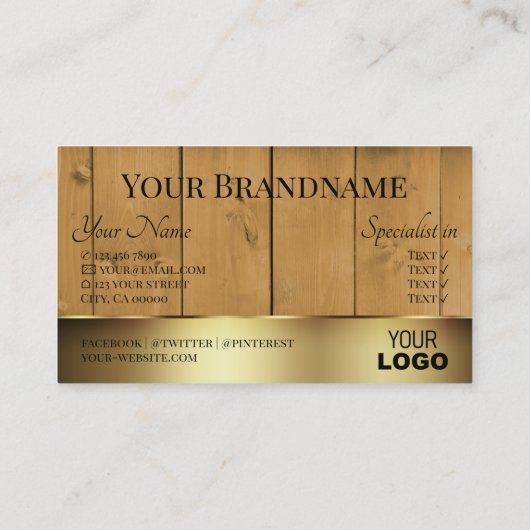 Rustikale Holzkarten Holzkörbe mit Logo Gold Visitenkarte (Rückseite)