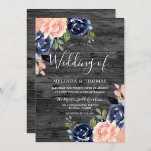 Rustikale Holzkohle Blush & Navy Blumen Hochzeit Einladung