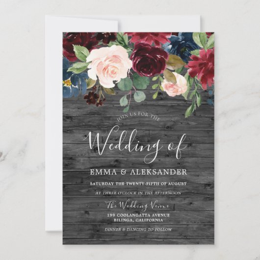 Rustikale Holzkohle Burgund Roter Wein Hochzeit Einladung (Vorderseite)