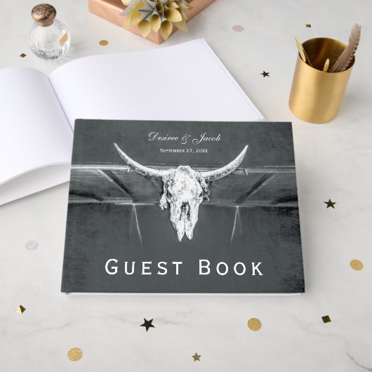 Rustikale Holzkohle Grau Western Texture Bull Skul Gästebuch (Vorderseite Offen)