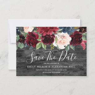 Rustikale Holzkohle-Holz-Burgunder-Blumen-Hochzeit Save The Date