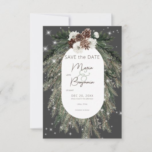 Rustikale Holzkohle Pine Winter Sparkle Wedge Save The Date (Vorderseite)