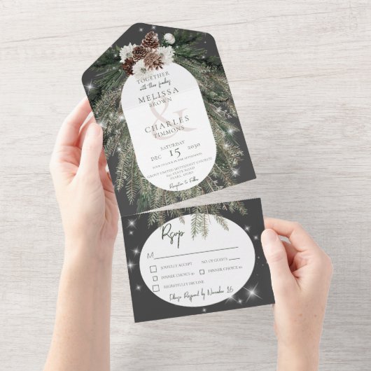 Rustikale Holzkohle Schwarzer Pinienwald All In One Einladung (Abreißen)