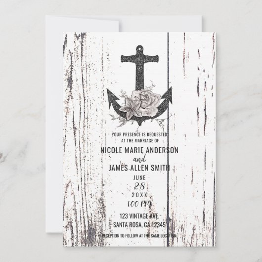 Rustikale Holzküste Strand Anchor Hochzeit Einladung (Vorderseite)