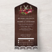 Rustikale Holzlace Burgund Blumenhorseshoe Hochzei All In One Einladung (Innen Boden)