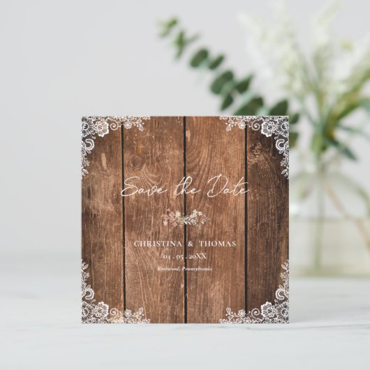 Rustikale Holzlace Country Wedding Save The Date (Stehend Vorderseite)