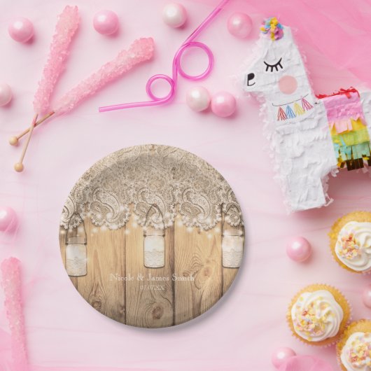 Rustikale Holzlace & Lighted Mason Jar Wedding Pappteller (Party)