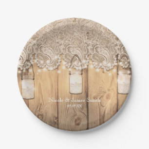 Rustikale Holzlace & Lighted Mason Jar Wedding Pappteller