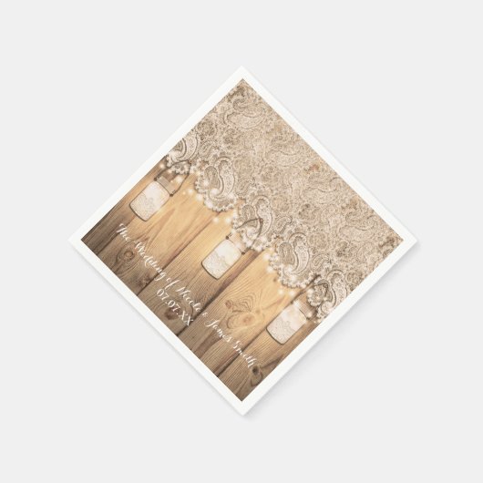 Rustikale Holzlace & Lighted Mason Jar Wedding Serviette (Ecke)
