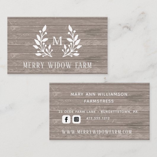 Rustikale Holzlaurel Mit Monogramm Visitenkarte (Vorne/Hinten)