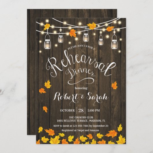 Rustikale Holzleuchten Blätter Probe Abendessen Einladung (Vorne/Hinten)