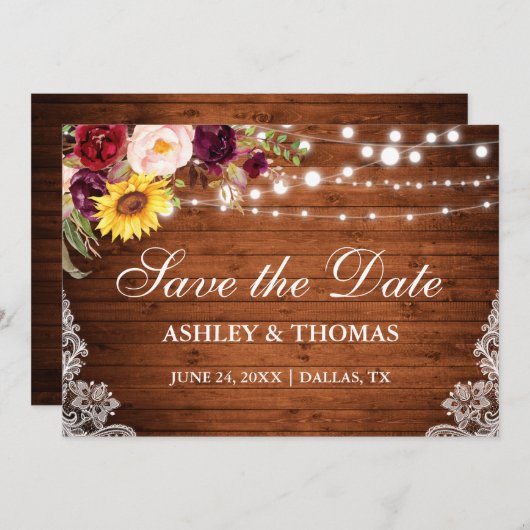 Rustikale Holzleuchten, gemischte Blumenlatte Save The Date (Vorne/Hinten)