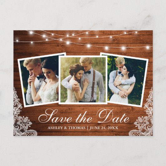 Rustikale Holzleuchten Lace 3 Foto Save the Date Einladungspostkarte (Vorderseite)