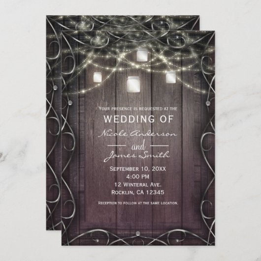 Rustikale Holzleuchten & Mason Jars Blühend Hochze Einladung (Vorne/Hinten)