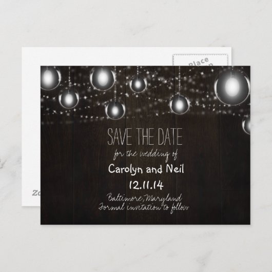 Rustikale Holzleuchten Save the Date PostCard Ankündigungspostkarte (Vorne/Hinten)