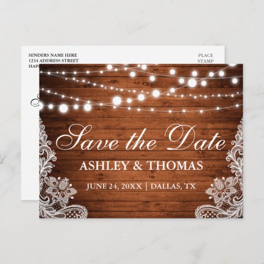 Rustikale Holzleuchten stehen Save the Date hinter Ankündigungspostkarte (Vorne/Hinten)