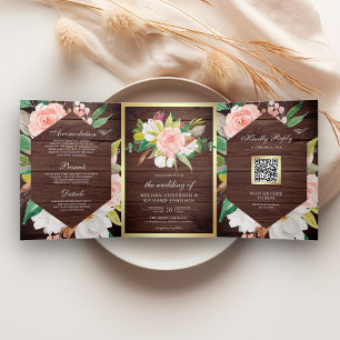 Rustikale Holzlöscher Rosa Floral Gold QR-Code Hoc Dreifach Gefaltete Einladung