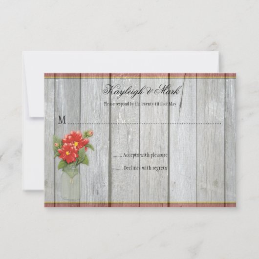 Rustikale Holzmason Jar Red Dahlias RSVPs RSVP Karte (Vorderseite)