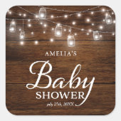 Rustikale Holzmason Jars und Lights Babydusche Quadratischer Aufkleber (Vorderseite)
