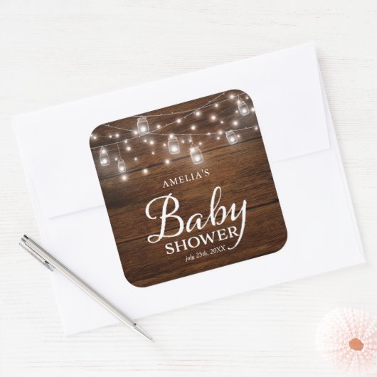 Rustikale Holzmason Jars und Lights Babydusche Quadratischer Aufkleber (Umschlag)