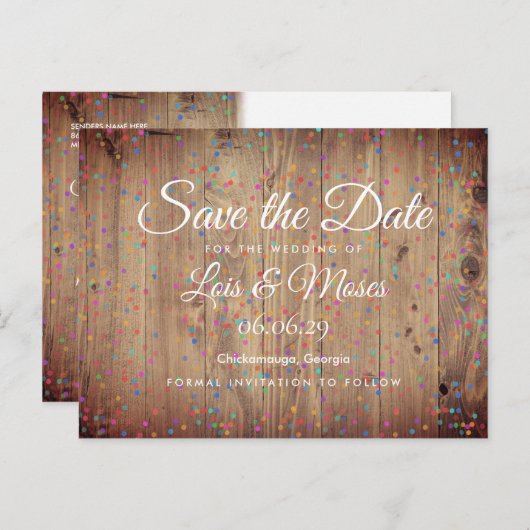 Rustikale Holzpanels Rainbow Confetti Save the Dat Ankündigungspostkarte (Vorne/Hinten)