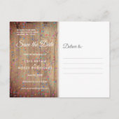 Rustikale Holzpanels Rainbow Confetti Save the Dat Ankündigungspostkarte (Rückseite)