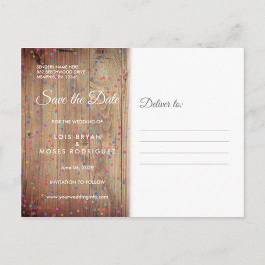 Rustikale Holzpanels Rainbow Confetti Save the Dat Ankündigungspostkarte (Rückseite)