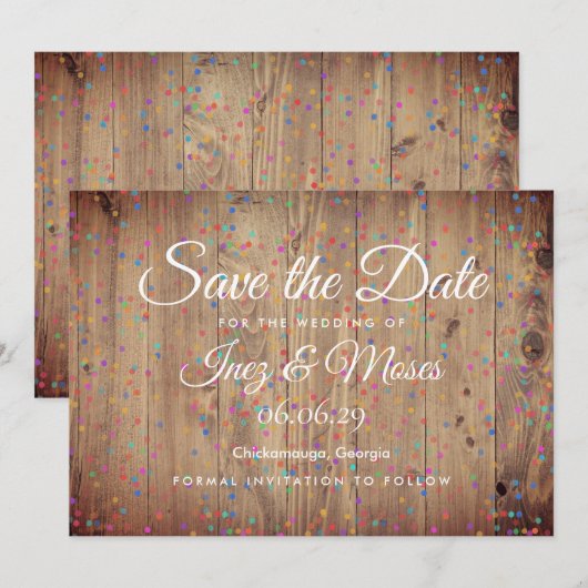 Rustikale Holzpanels Rainbow Confetti Save the Dat Date (Vorne/Hinten)