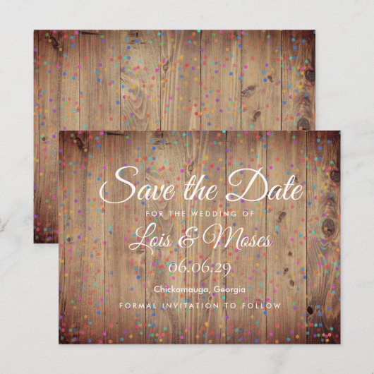 Rustikale Holzpanels Rainbow Confetti Save the Dat Postkarte (Vorne/Hinten)