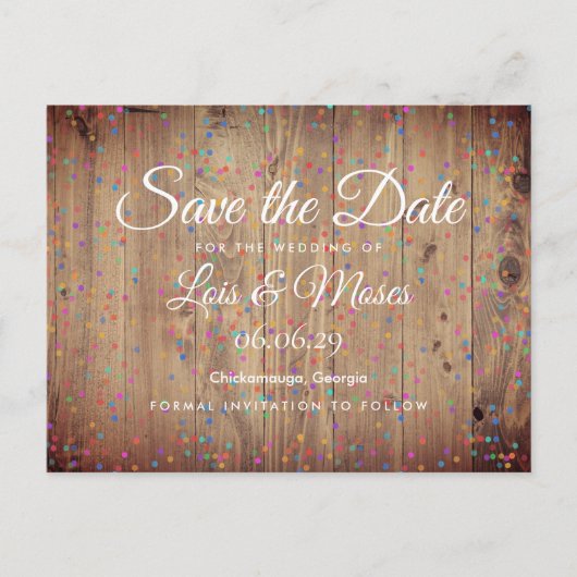 Rustikale Holzpanels Rainbow Confetti Save the Dat Postkarte (Vorderseite)