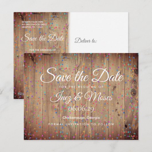 Rustikale Holzpanels Rainbow Confetti Save the Dat Postkarte (Vorne/Hinten)